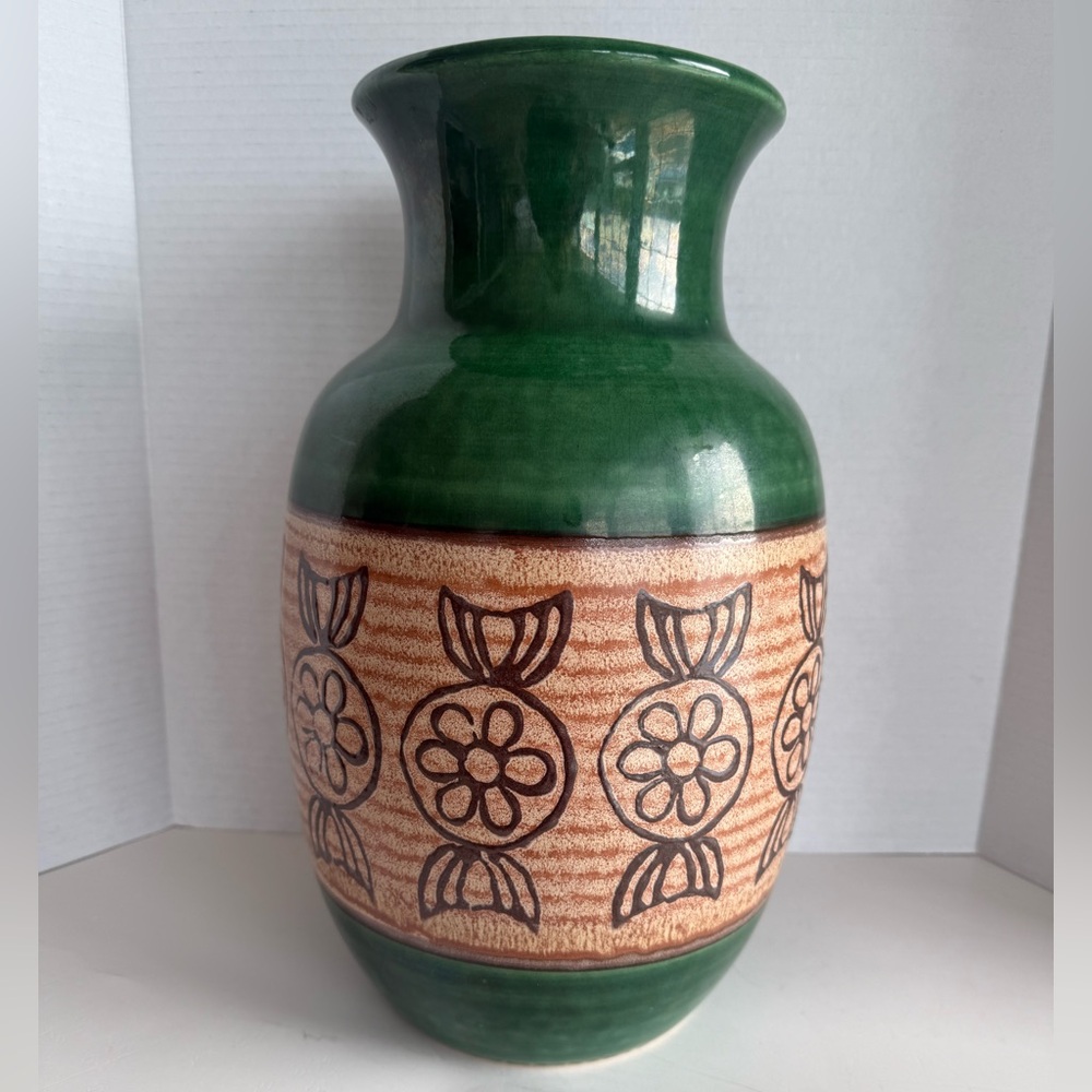 Vintage 1960's Dumler & Breiden Keramik W. Germany 117/36 Pottery Vase Green/Tan